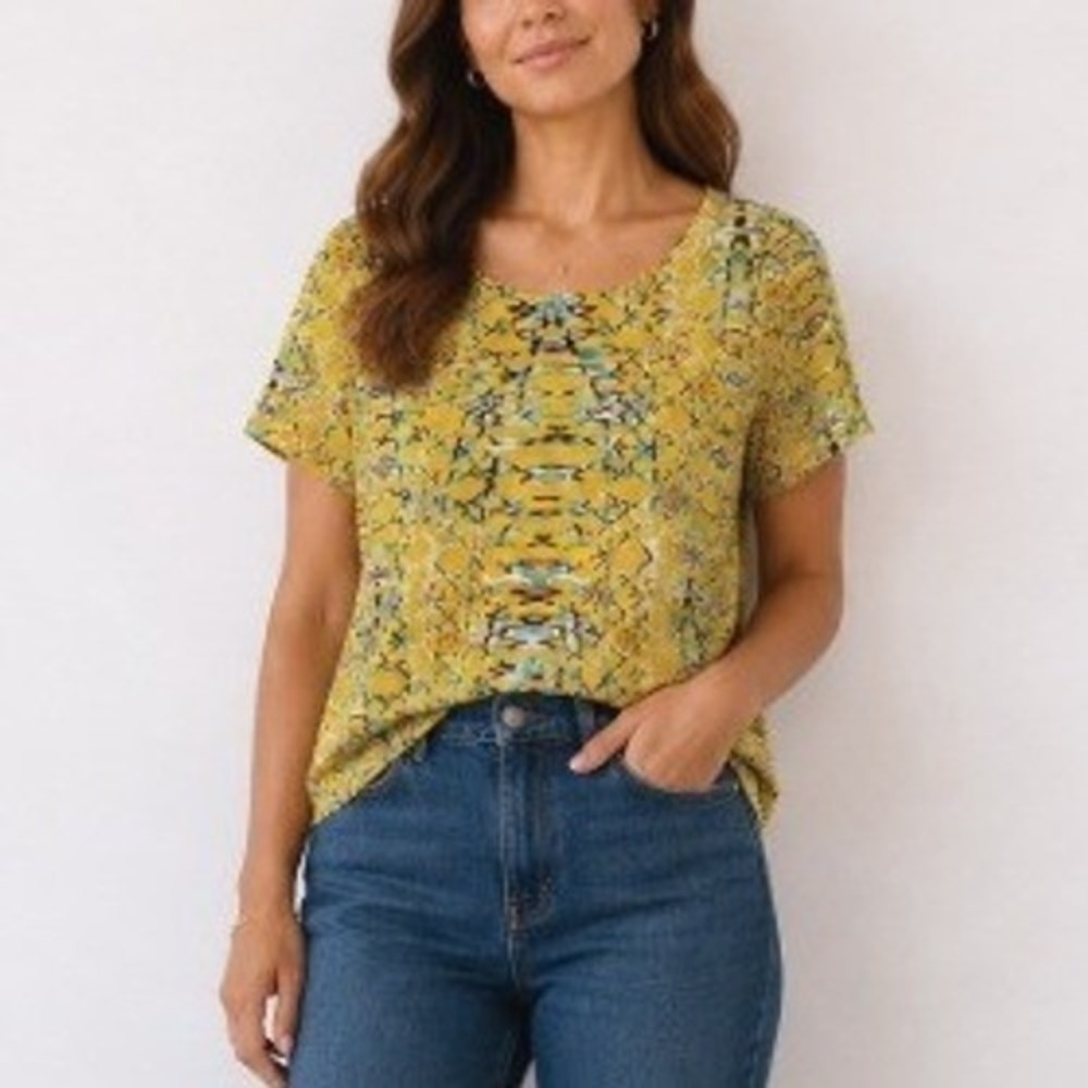 Cooper & Ella Yellow Abstract Print Blouse Textured Zip Back‎ Top | Size M
